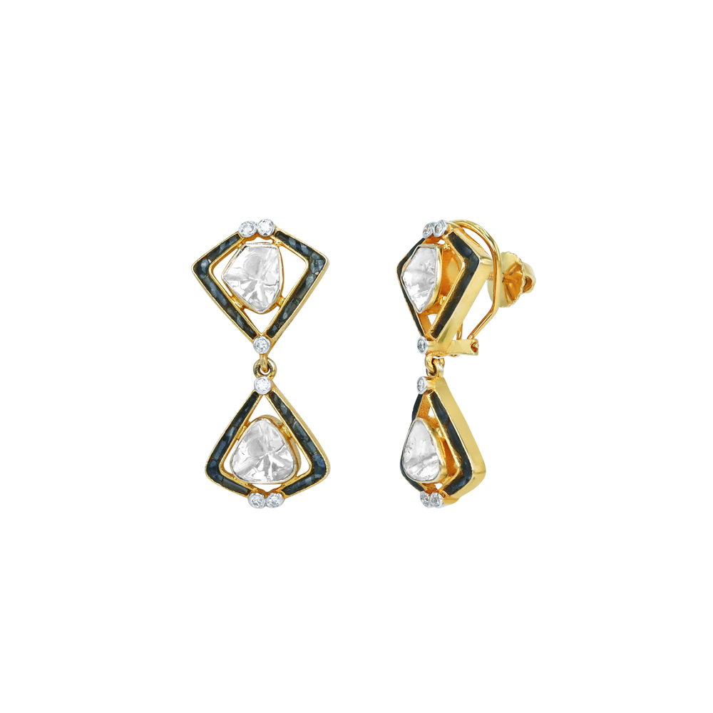 Geometric Polki Earrings with Black Talaf Accents